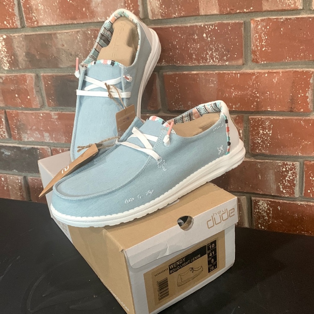 Ladies size 10 light blue Hey Dude Wendy shoe. New with tags.